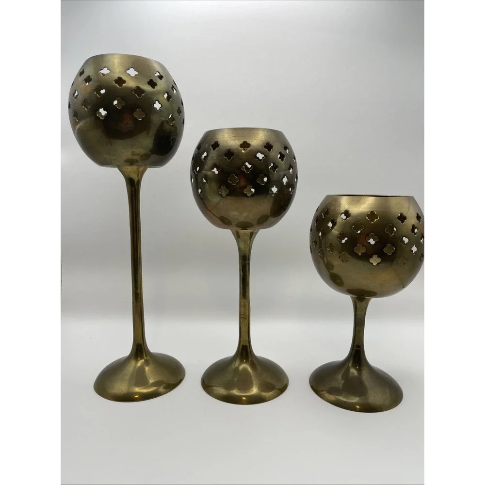 Vintage Solid Brass Goblet Tiered Candlestick Set of 3 6